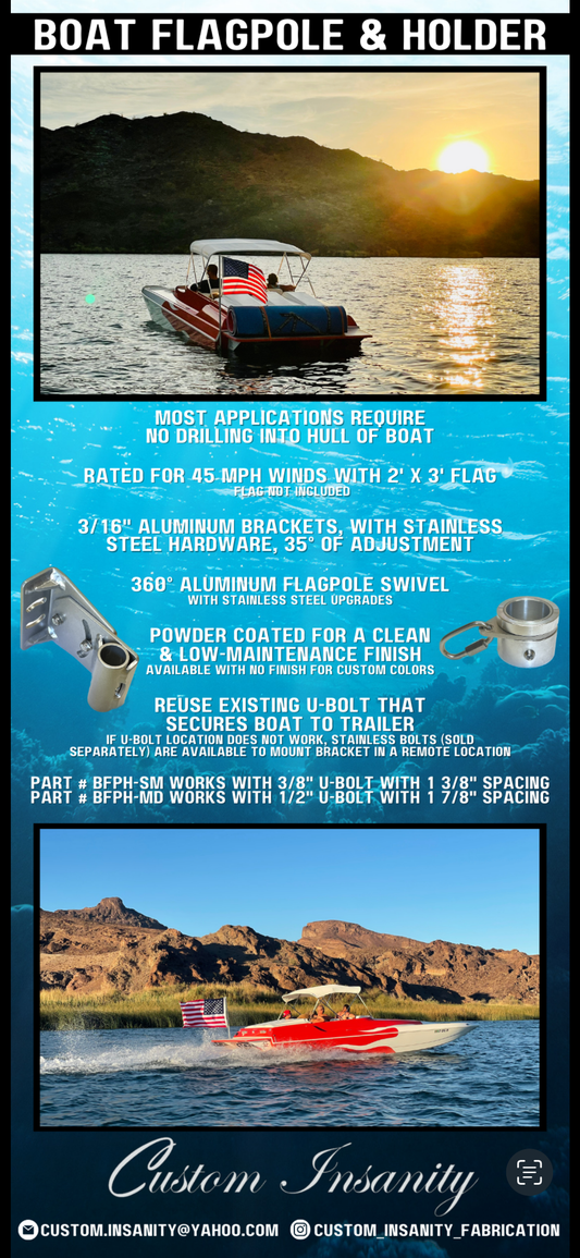 Boat Flagpole and Transom Mount for 1/2” U-Bolt “No Drilling”